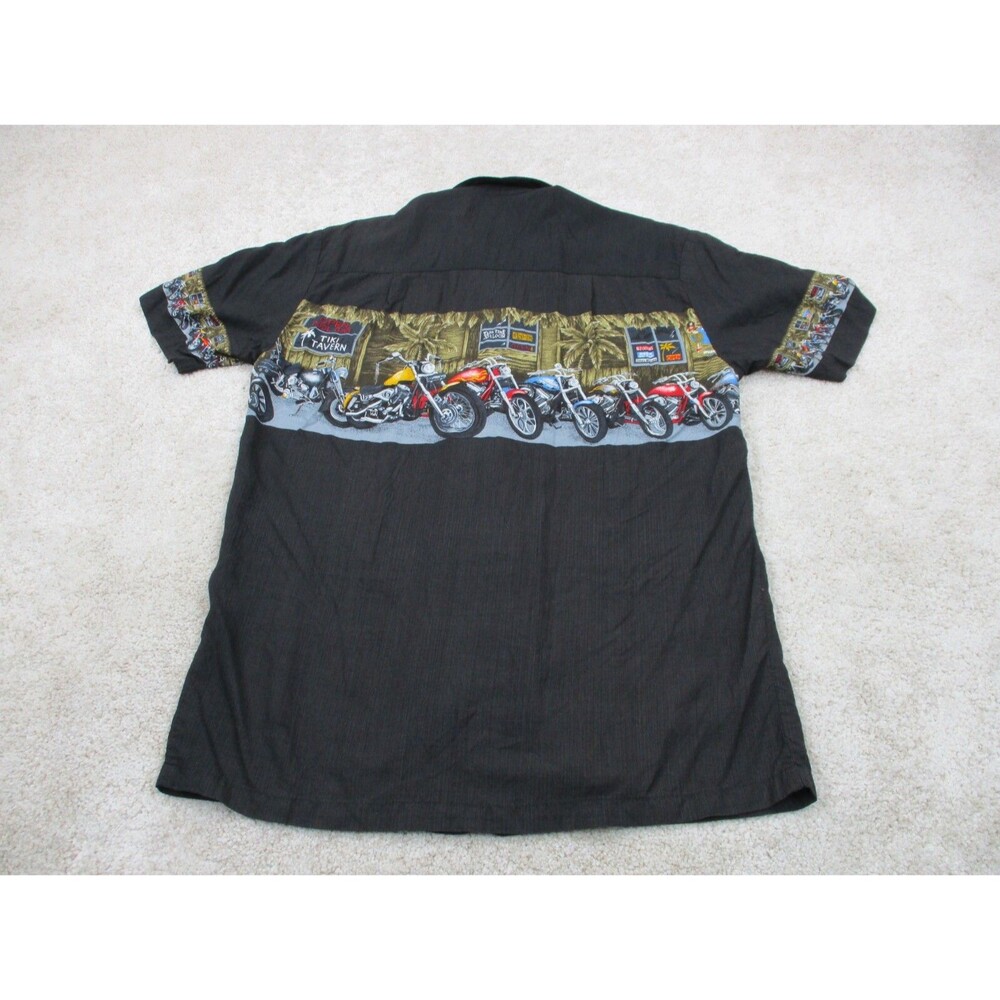 Paradise Found Shirt Men Medium Black Motorcycle Graphic Print Hawaiian Button - Picture 5 of 9